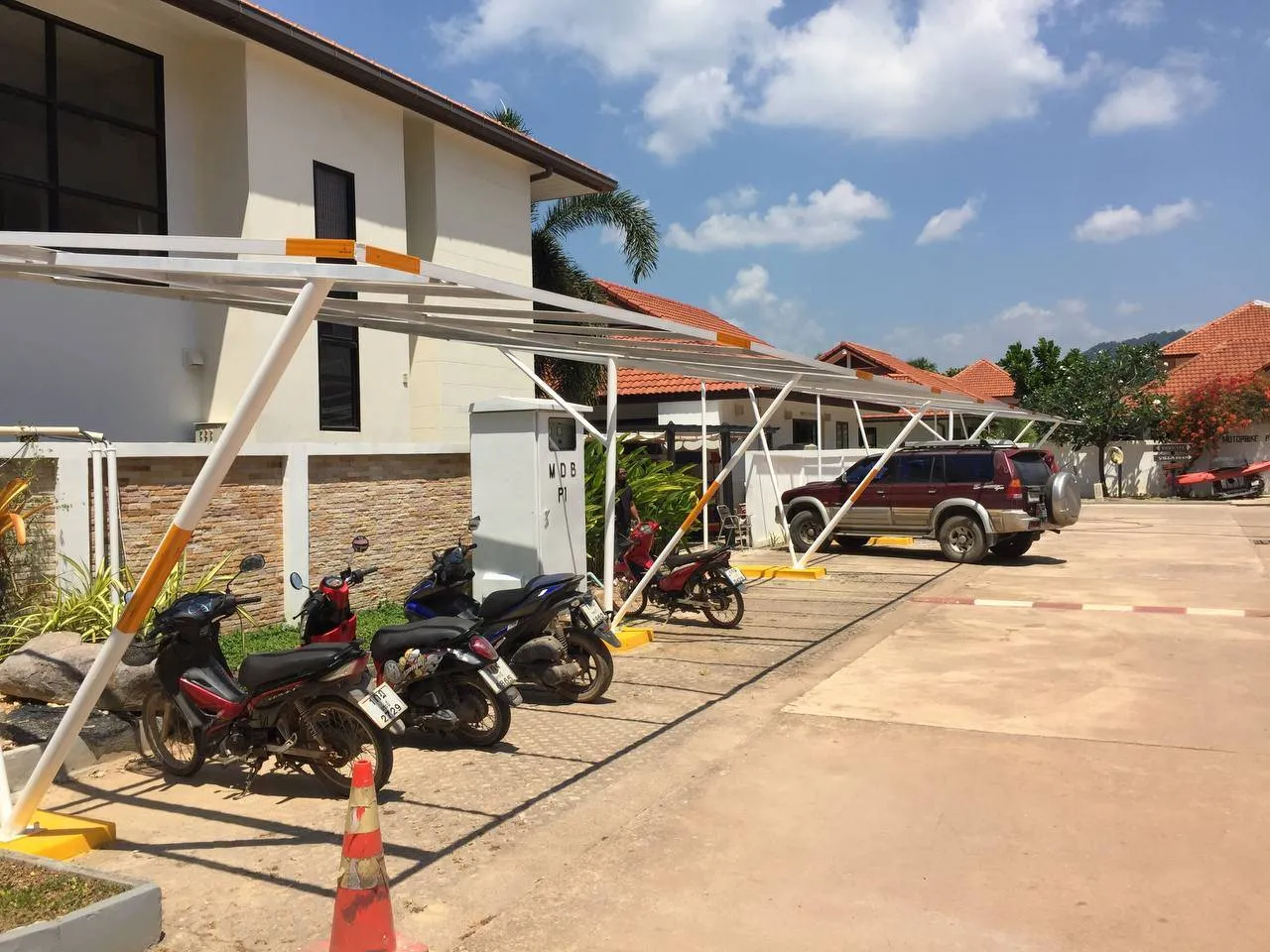 Solar carport installation in Koh Lanta Thailand supporting daytime water pump loads