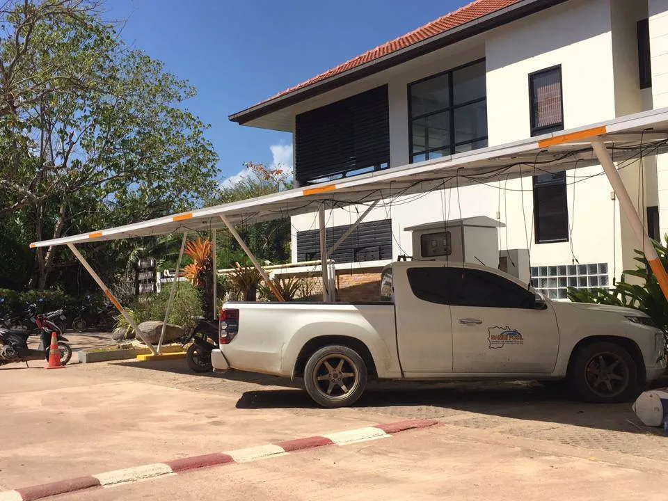 Solar carport installation in Koh Lanta Thailand supporting daytime water pump loads