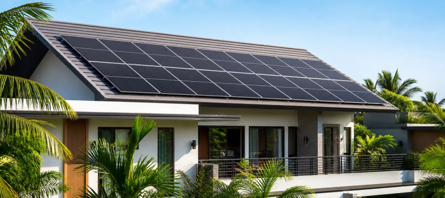 Modern home with rooftop solar panels in a tropical Thailand setting